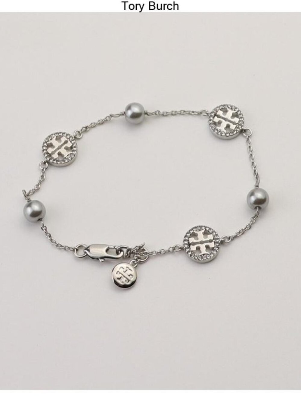 Tory Burch Silver Logo Disc Bracelet with Gray Pearl Accents